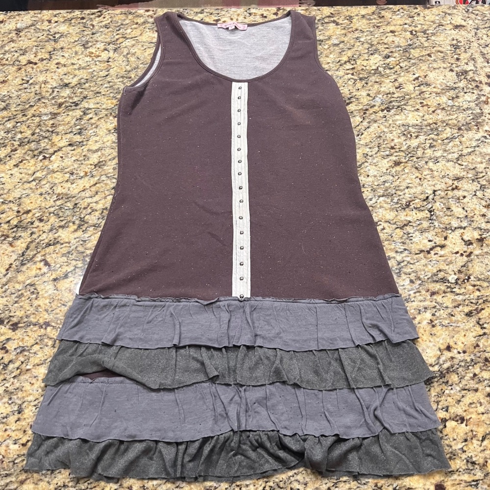 Young Essence Womens Brown Grey Ruffle Hem Studded Sleeveless Mini Dress Large